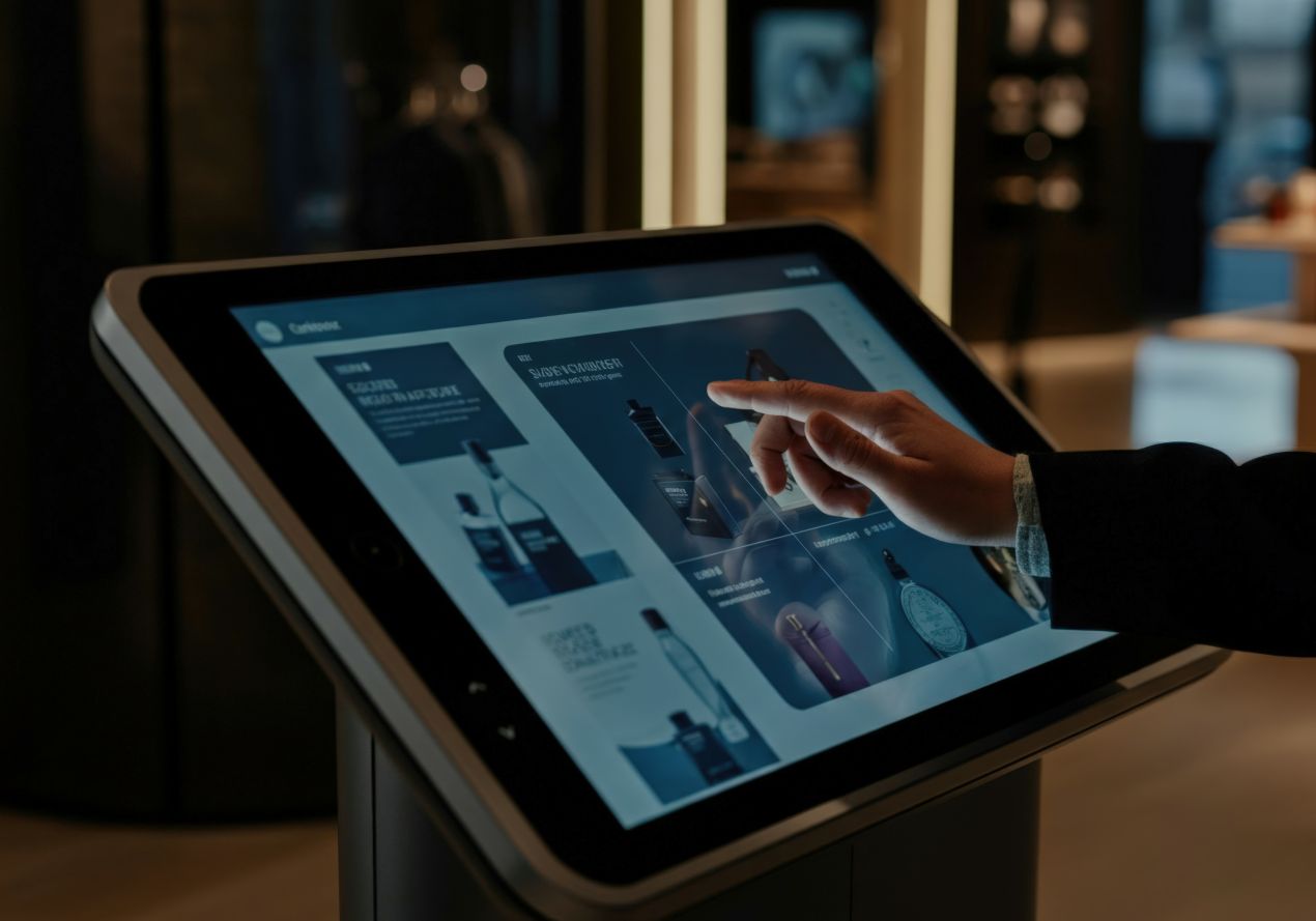 Nahaufnahme einer Hand, die auf einem Touchscreen ein Produkt auswählt – eine beliebte Lösung für display miete.