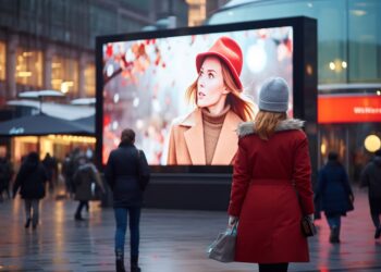 Eine Frau betrachtet eine große LED-Wand mit einer Werbeanzeige in einer belebten Einkaufsstraße – ideal für display miete.