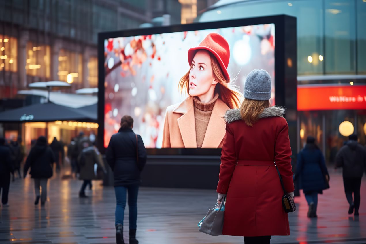 Eine Frau betrachtet eine große LED-Wand mit einer Werbeanzeige in einer belebten Einkaufsstraße – ideal für display miete.