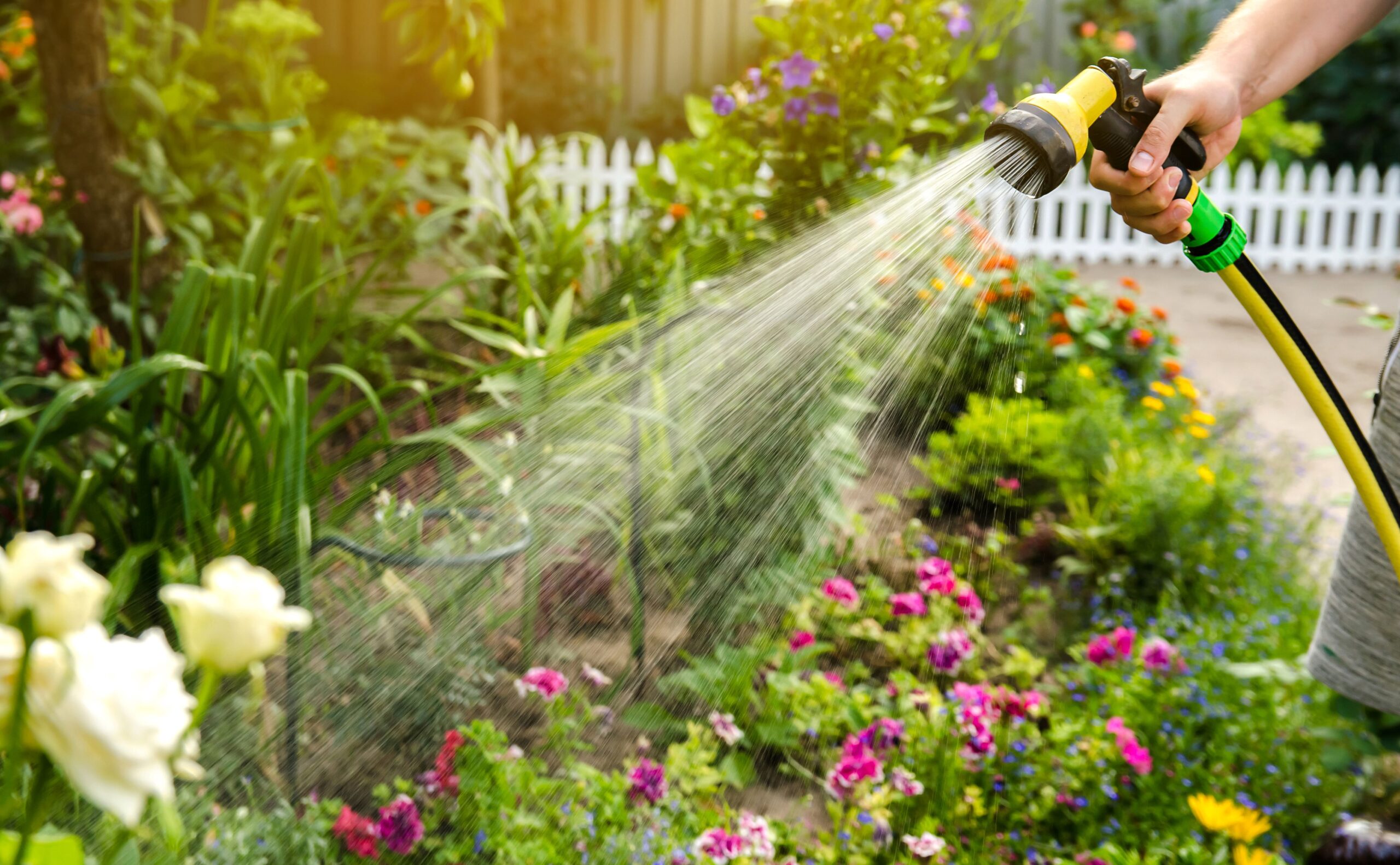 Eine Person bewässert einen Garten 