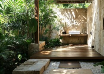 Sonnenschutz Terrasse im tropischen Garten mit Holzdeck