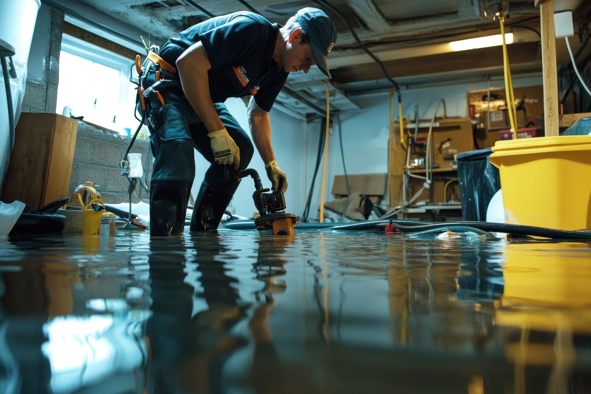 Handwerker positioniert eine Schmutzwasserpumpe in einem vollgelaufenen Technikraum, um nach Starkregen das Wasser abzupumpen.