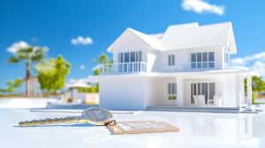 Schlüssel vor modernem Ferienhausmodell | Terrassenüberdachung Frankfurt