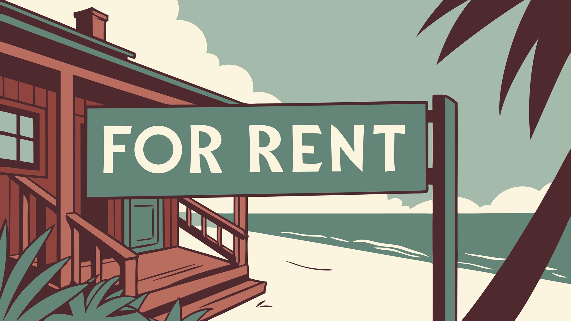 Ferienhaus mit For-Rent-Schild am Strand | Terrassenüberdachung Frankfurt