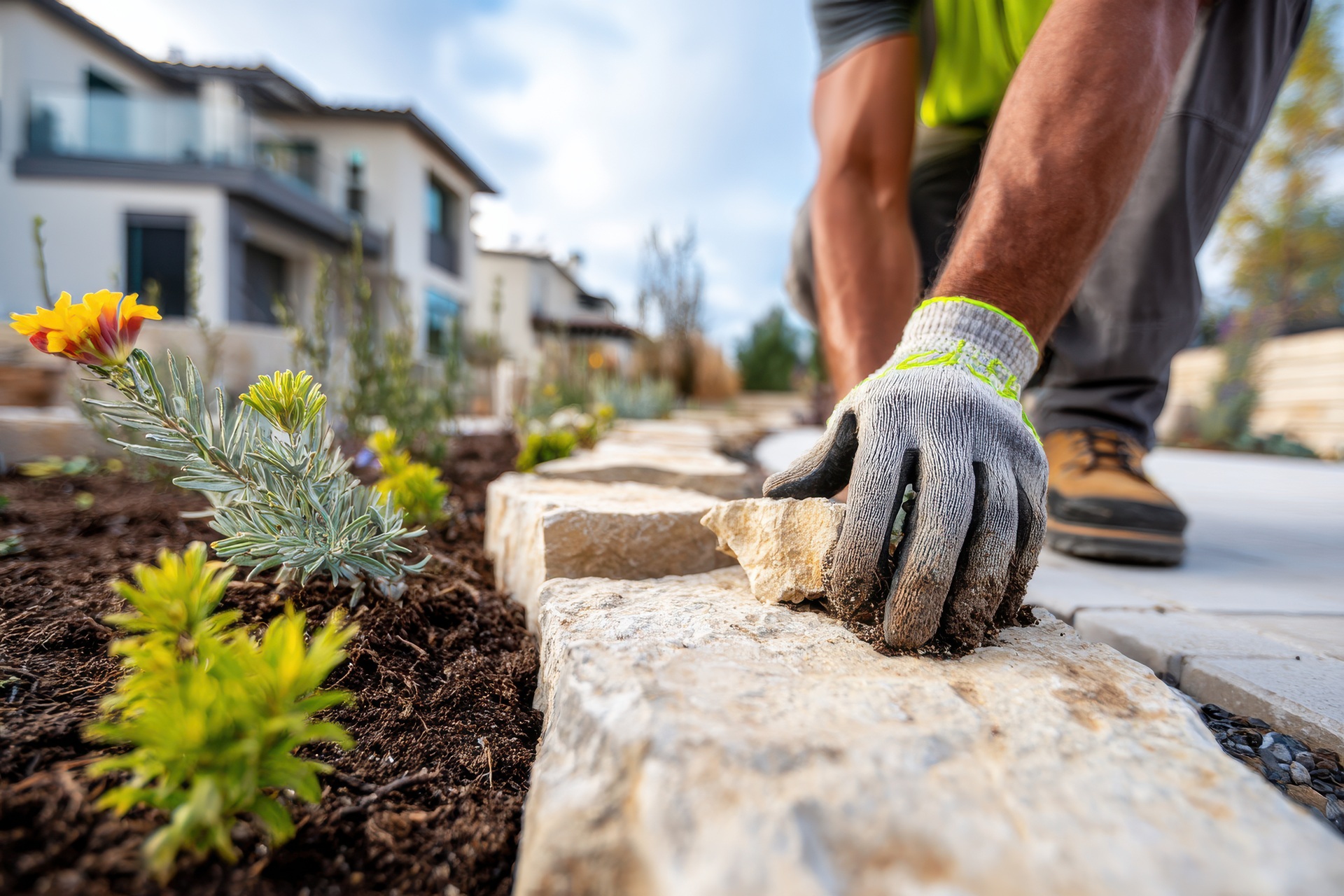 Hand setzt Natursteine in Gartenanlage | Hochbeet kaufen